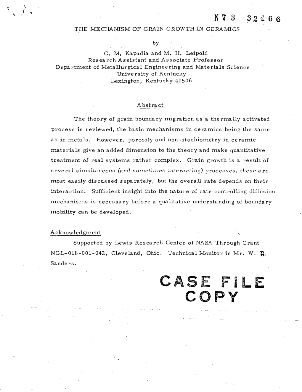 THE MECHANISM of GRAIN GROWTH in CERAMICS by C. M