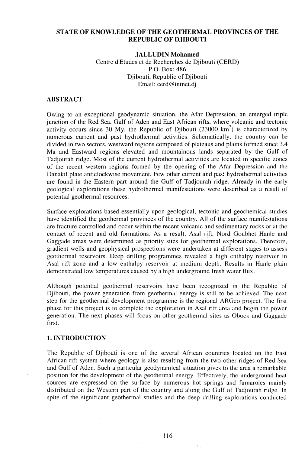 Sta Te of Knowledge of the Geothermal Provinces of the Republic of Djibouti