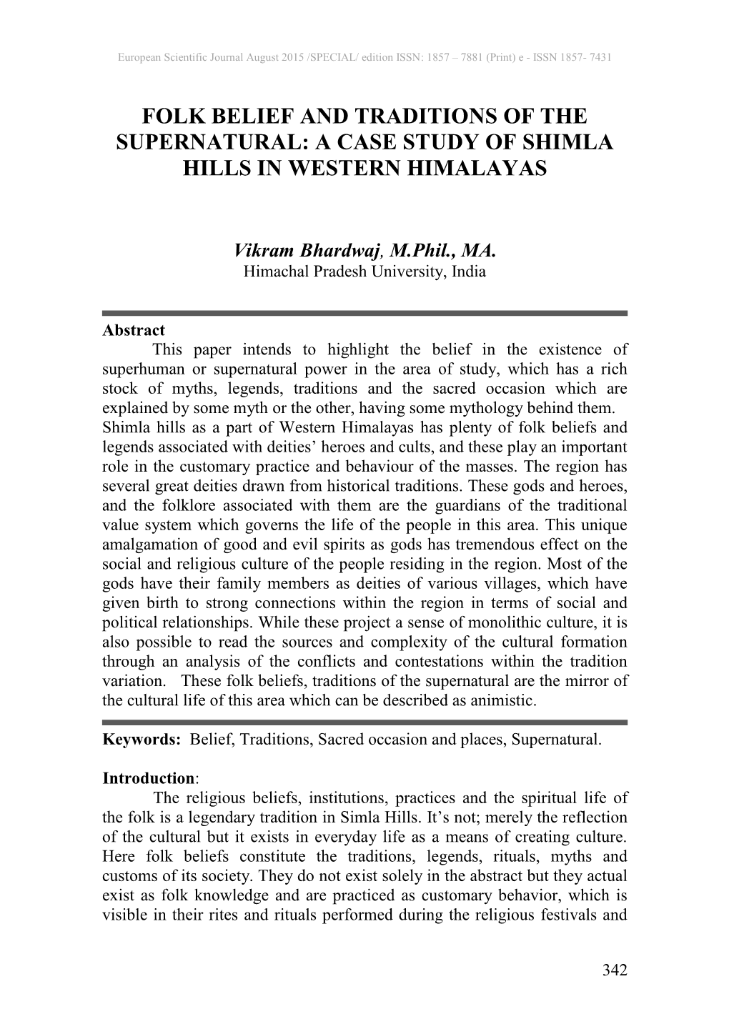 Folk Belief and Traditions of the Supernatural: a Case Study of Shimla Hills in Western Himalayas