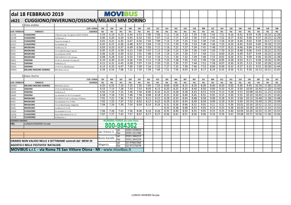 MOVIBUS Z621 CUGGIONO/INVERUNO/OSSONA/MILANO MM DORINO 1 Linea Andata COD