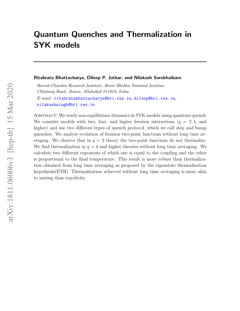 Quantum Quenches and Thermalization in SYK Models