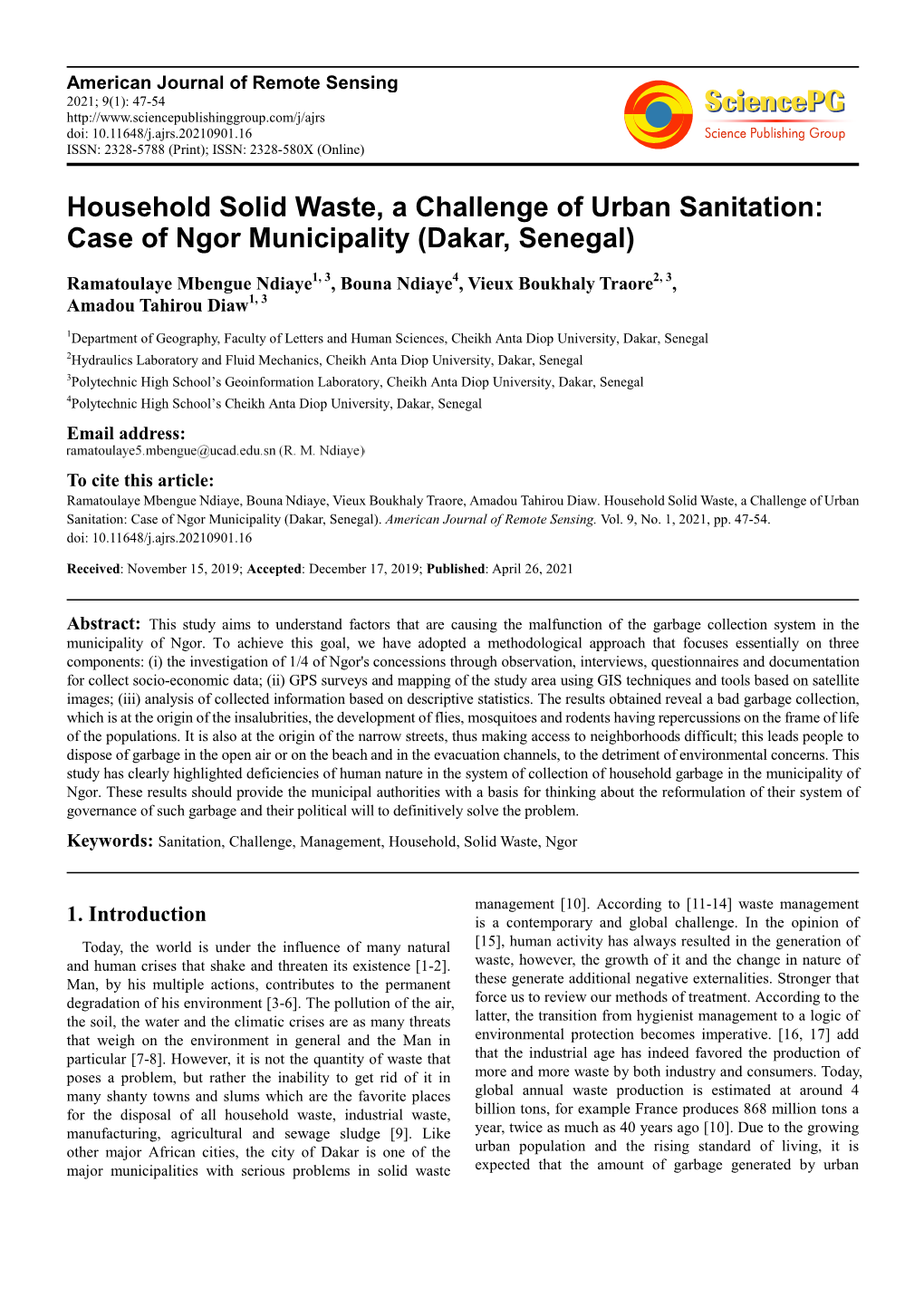 Household Solid Waste, a Challenge of Urban Sanitation: Case of Ngor Municipality (Dakar, Senegal)