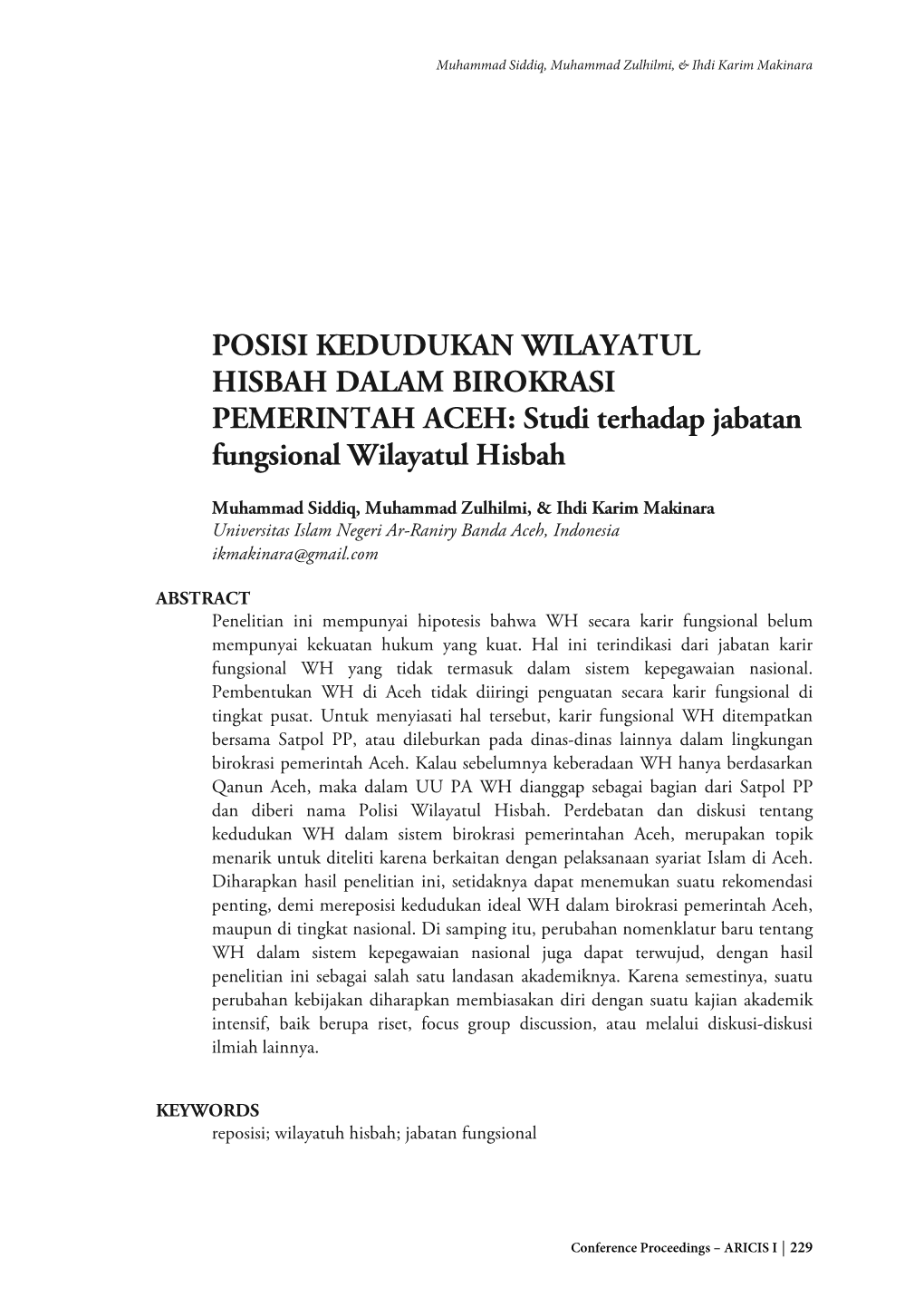 Studi Terhadap Jabatan Fungsional Wilayatul Hisbah