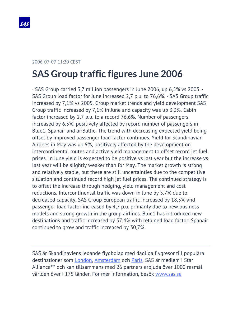 SAS Group Traffic Figures June 2006