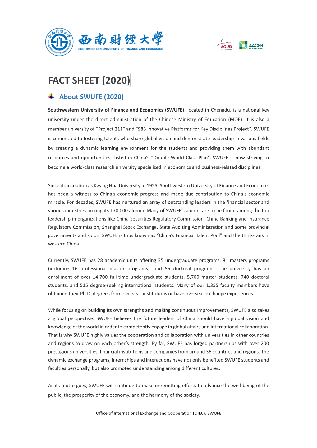 SWUFE Fact Sheet 2020.Pdf