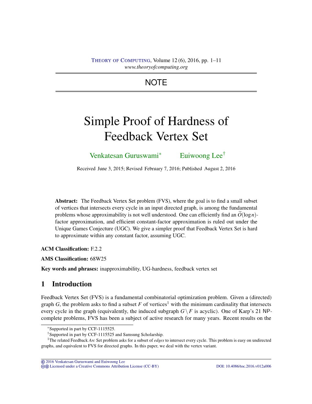 Simple Proof of Hardness of Feedback Vertex Set