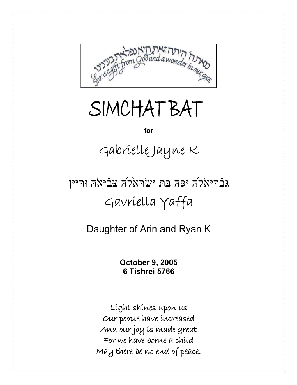 Simchat Bat, Baby Naming Ceremony