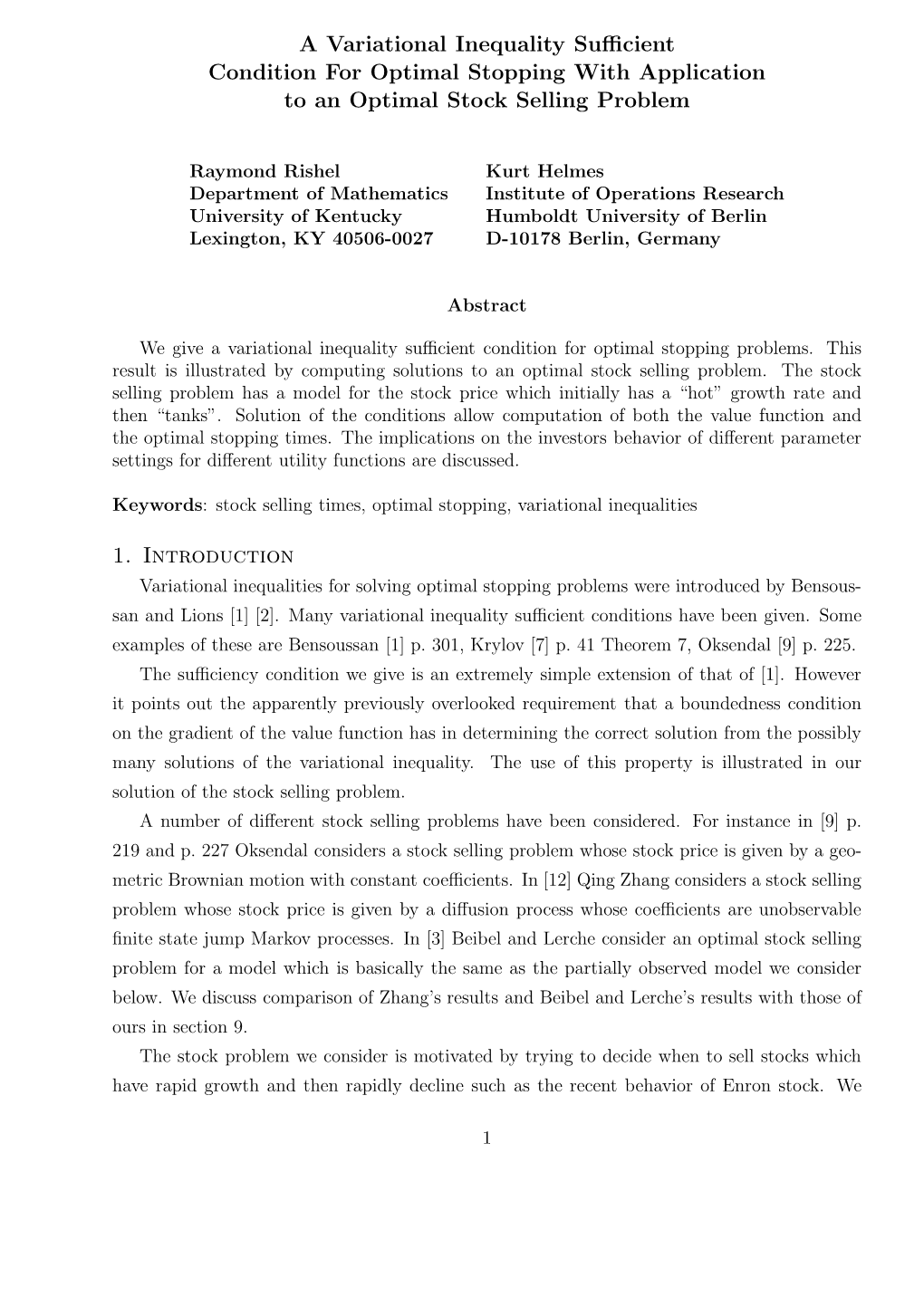 A Variational Inequality Sufficient Condition for Optimal Stopping