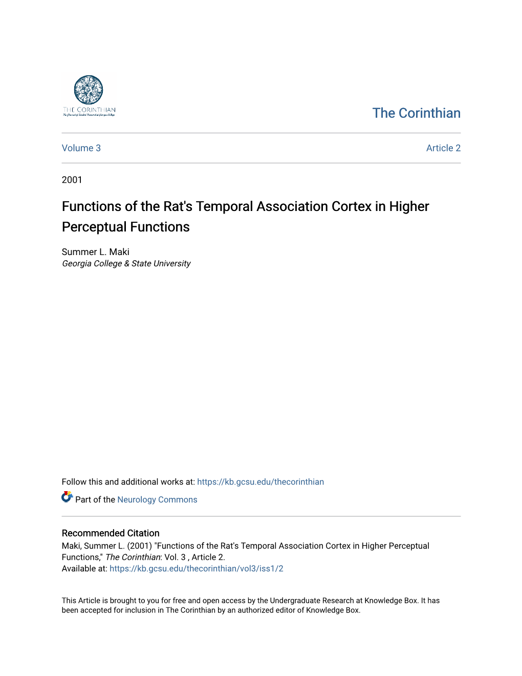 Functions of the Rat's Temporal Association Cortex in Higher Perceptual Functions