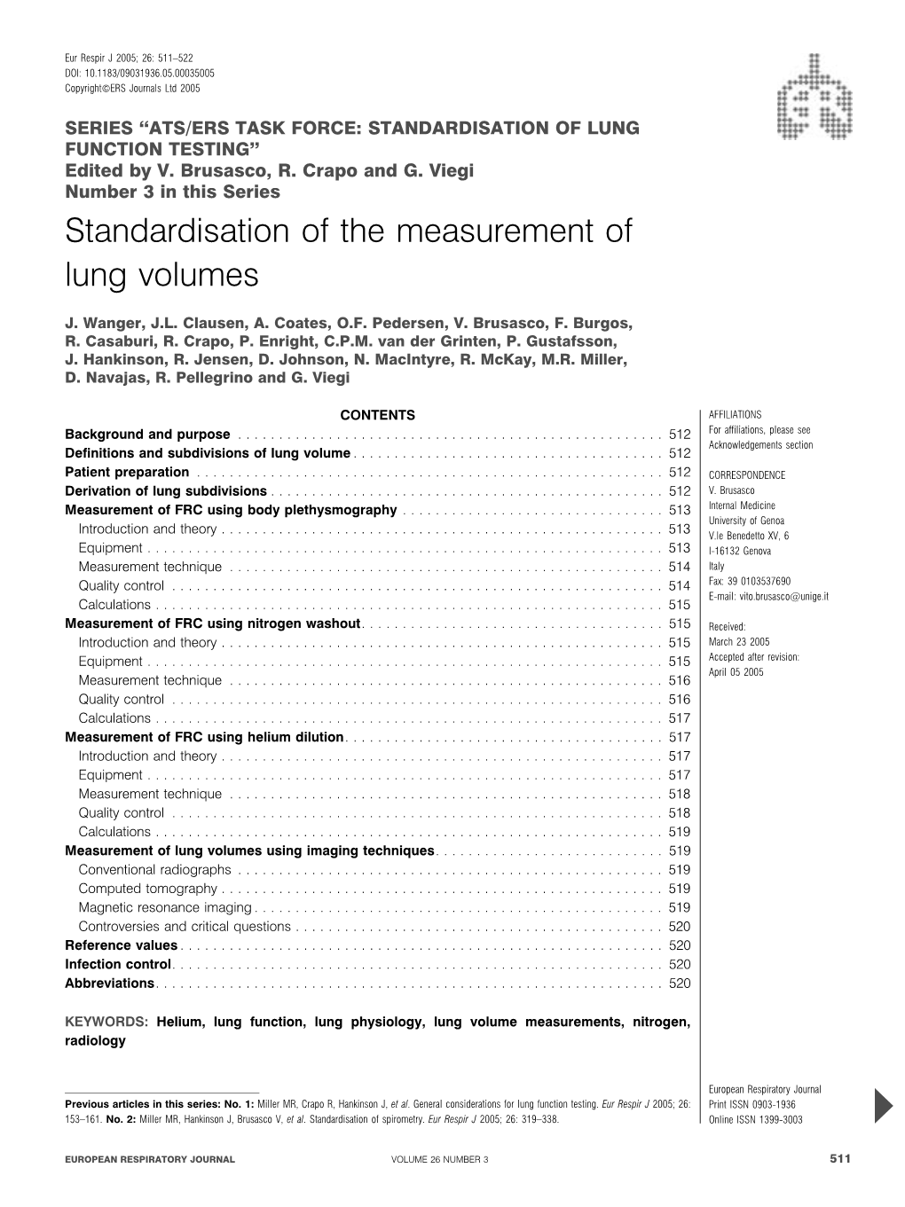 Standardisation of the Measurement of Lung Volumes