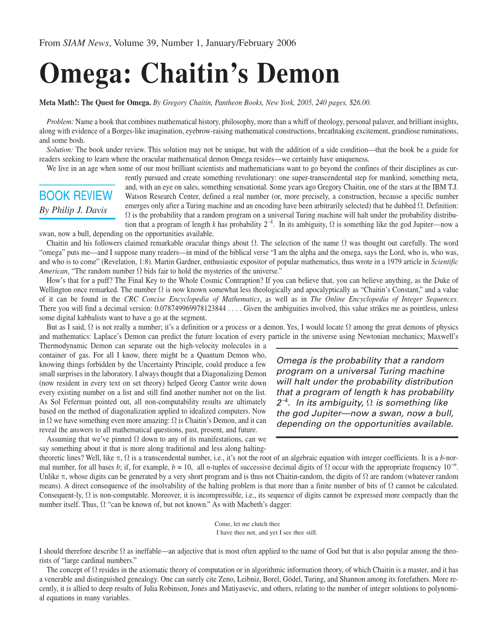 Omega: Chaitin's Demon