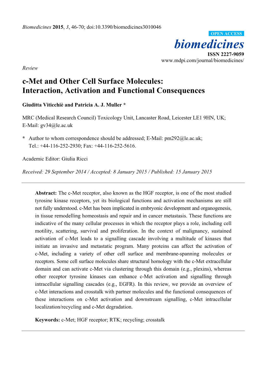 C-Met and Other Cell Surface Molecules: Interaction, Activation and Functional Consequences