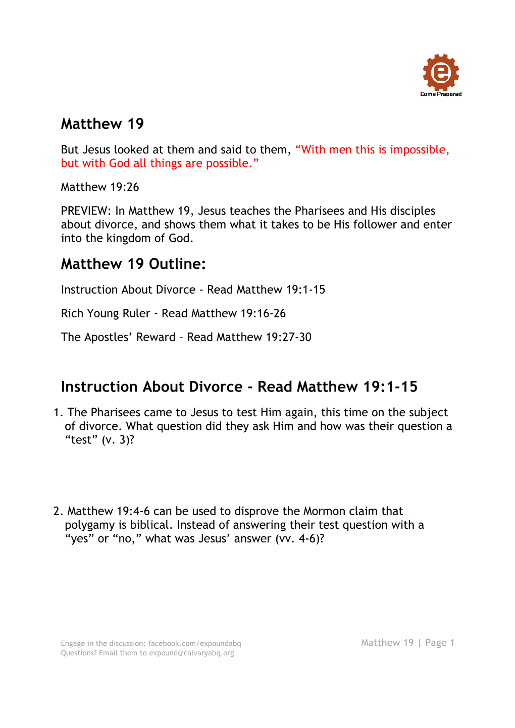 Matthew 19 Study Guide Handout