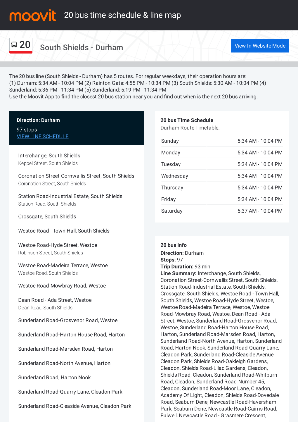 20 Bus Time Schedule & Line Route