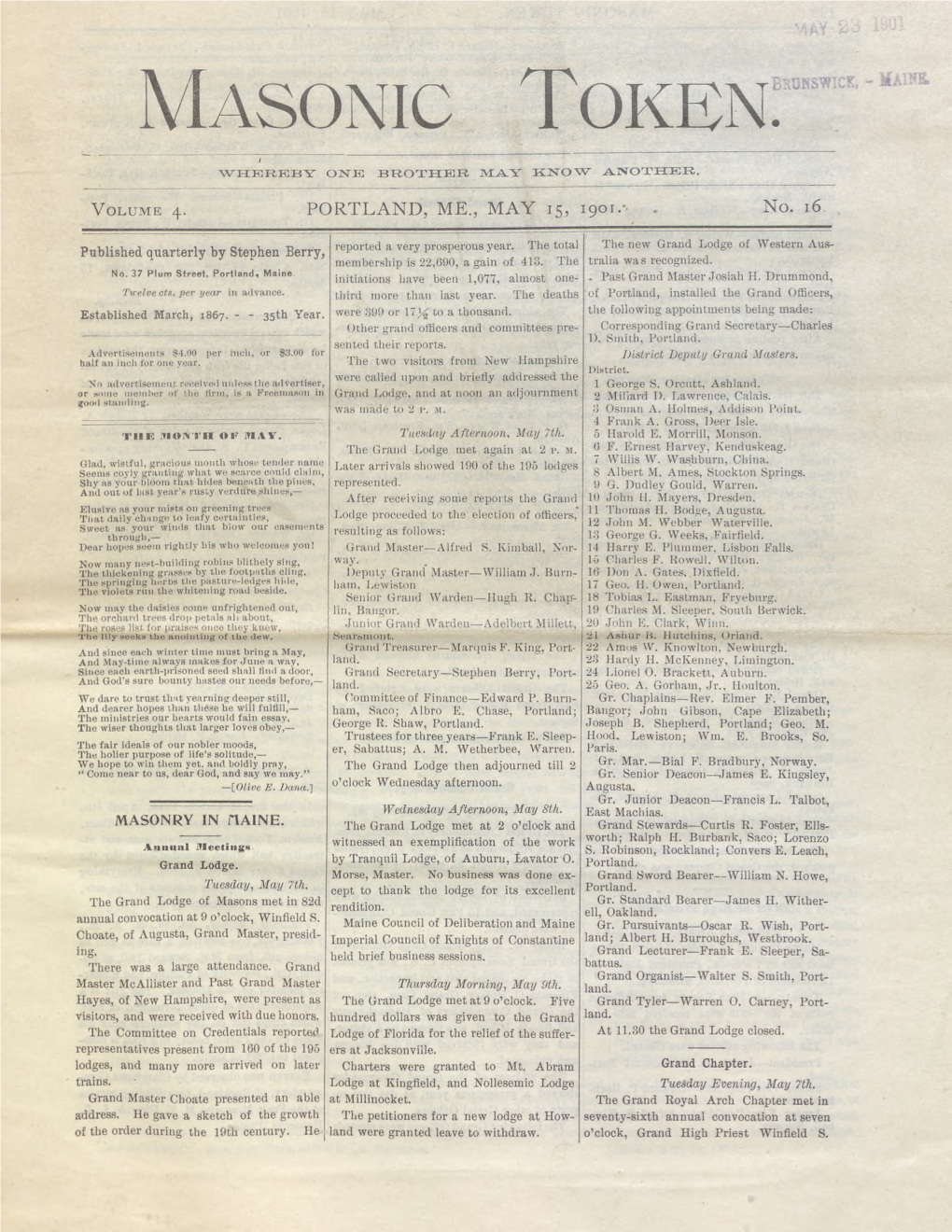 Masonic Token : May 15, 1901