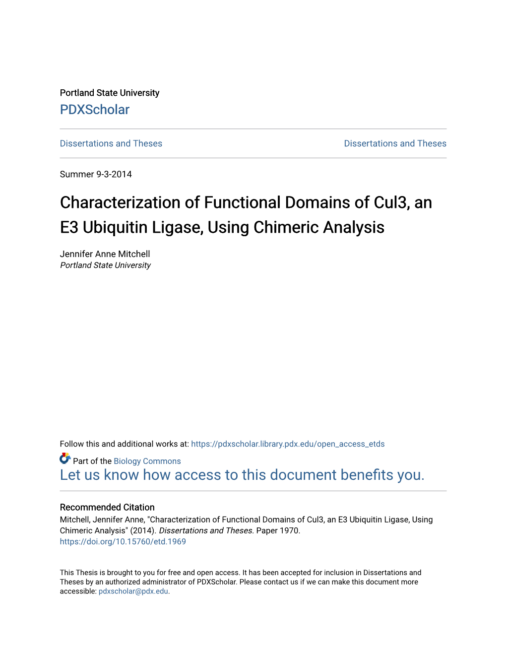 Characterization of Functional Domains of Cul3, an E3 Ubiquitin Ligase, Using Chimeric Analysis