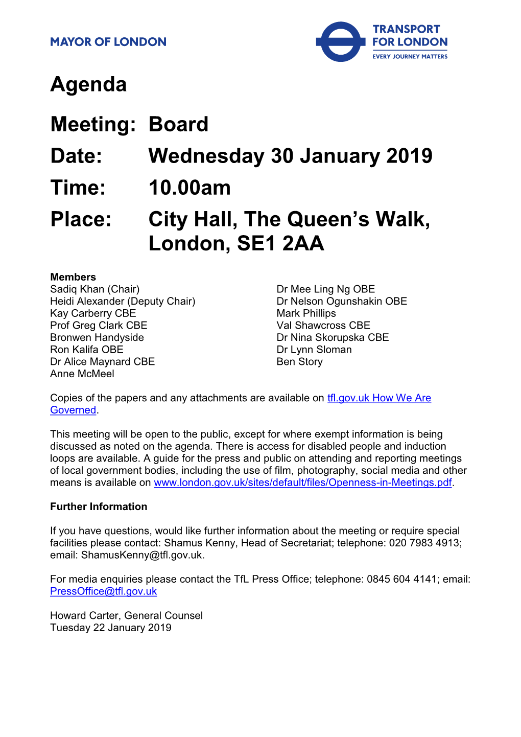 Tfl Board Papers for 30 January 2019