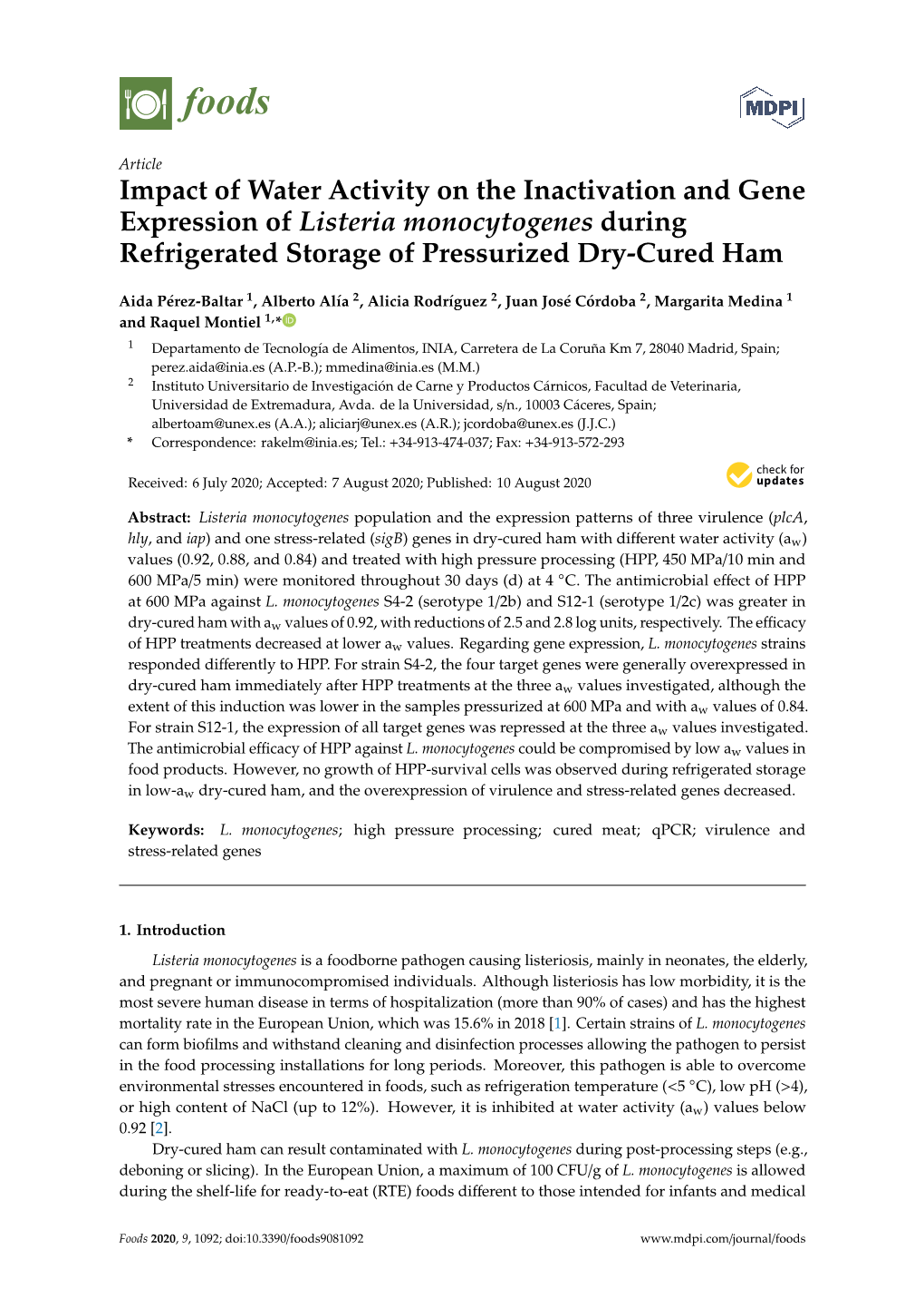 Impact of Water Activity on the Inactivation and Gene Expression of Listeria Monocytogenes During Refrigerated Storage of Pressurized Dry-Cured Ham