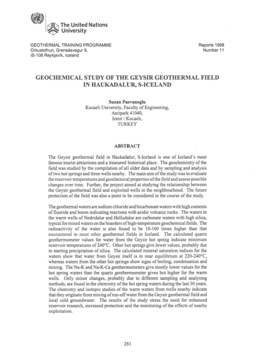 Geochemical Study of the Geysir Geothermal Field in Haukadalur, S-Iceland