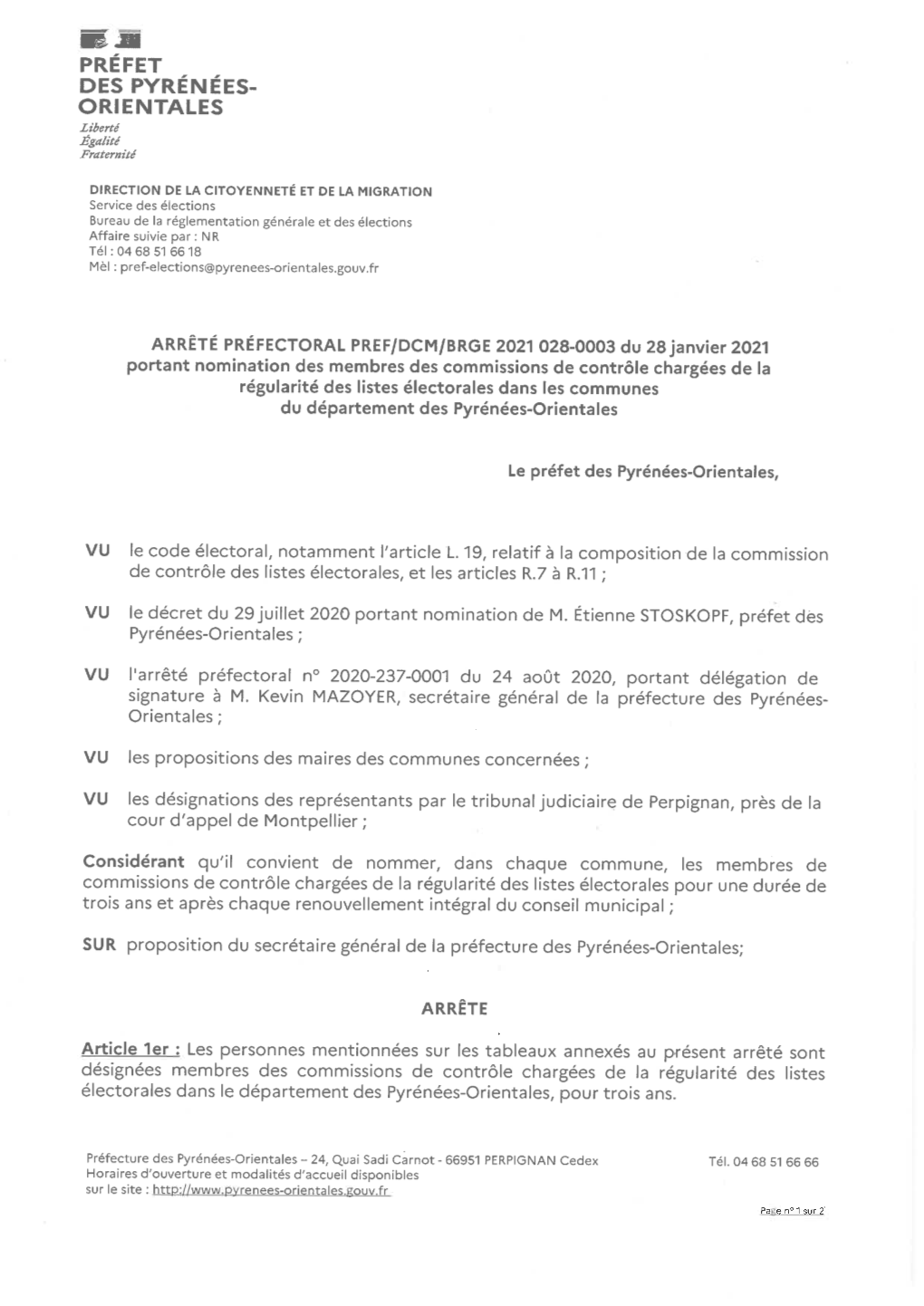 Arrêté Préfectoral Du 28 Janvier 2021 Portant À Nomination Des Membres Des Commissions De Contrôle Chargées