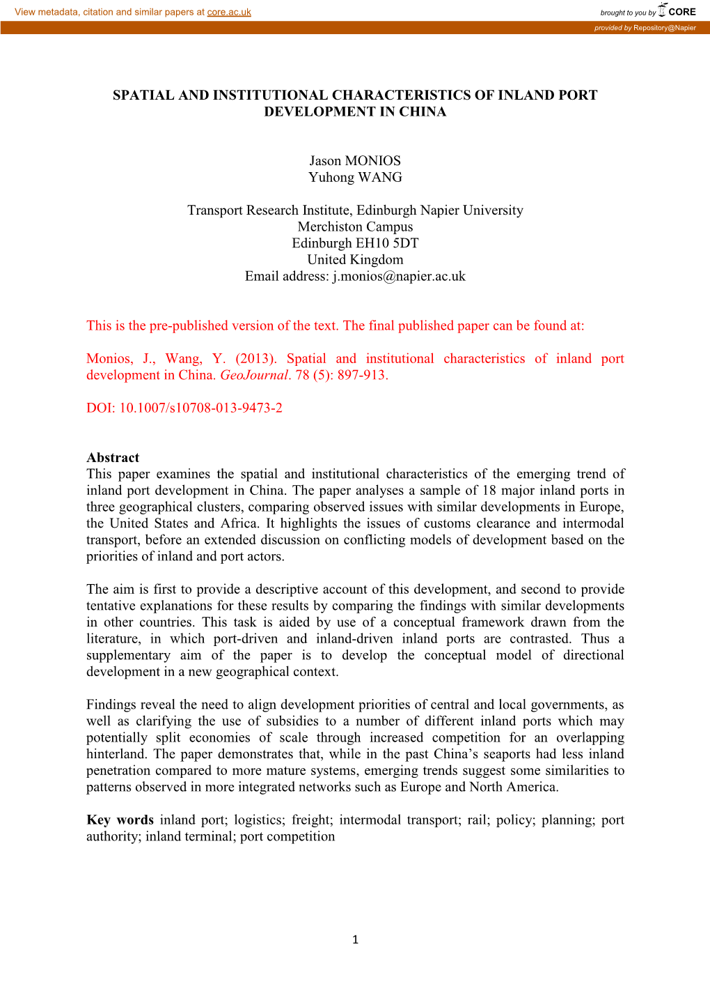 Spatial and Institutional Characteristics of Inland Port Development in China