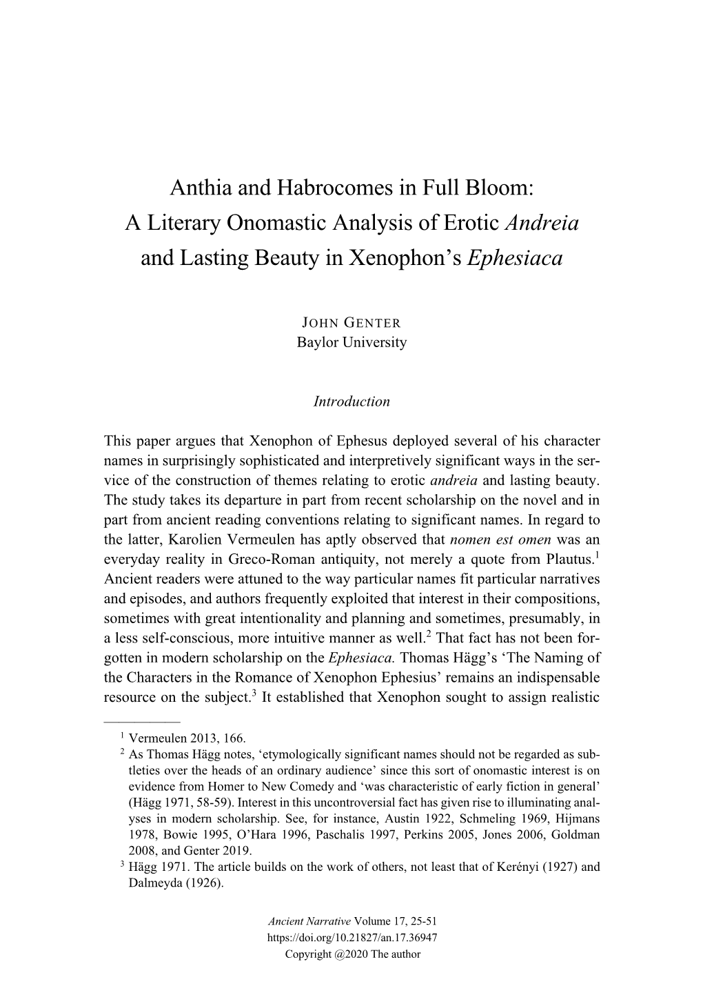 Anthia and Habrocomes in Full Bloom: a Literary Onomastic Analysis of Erotic Andreia and Lasting Beauty in Xenophon’S Ephesiaca