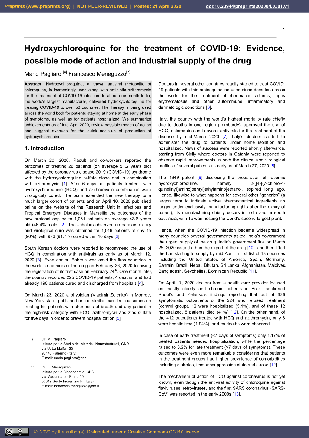 Hydroxychloroquine for the Treatment of COVID-19: Evidence, Possible Mode of Action and Industrial Supply of the Drug