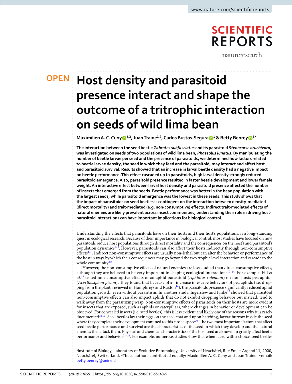 Host Density and Parasitoid Presence Interact and Shape the Outcome of a Tritrophic Interaction on Seeds of Wild Lima Bean Maximilien A