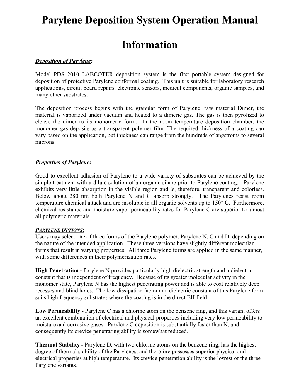 Parylene Deposition System Operation Manual Information
