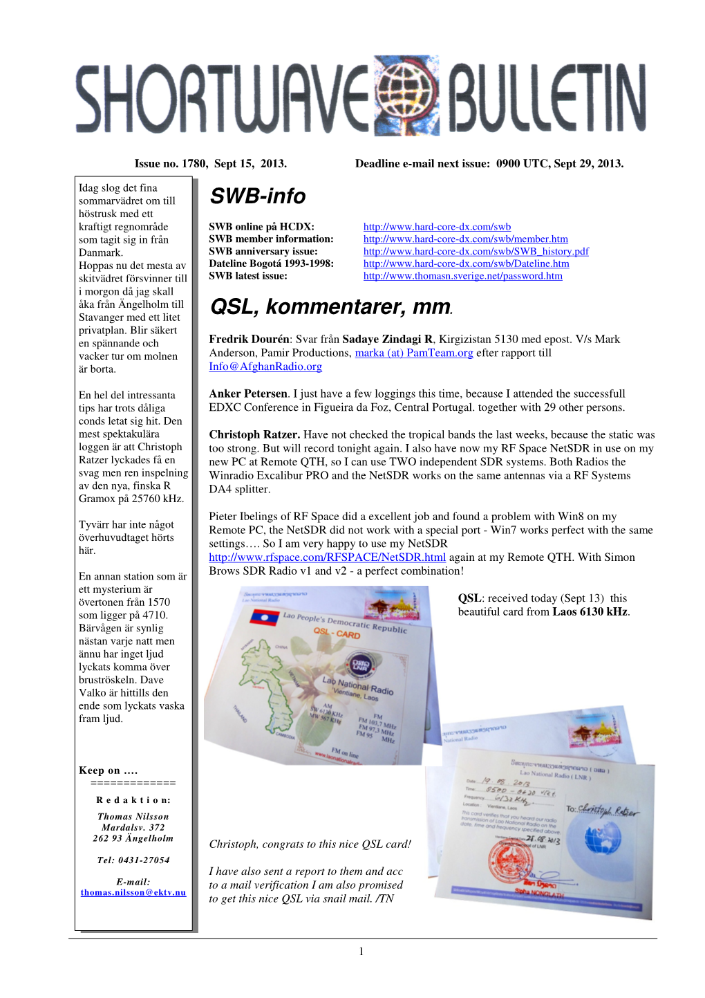 SWB-Info QSL, Kommentarer