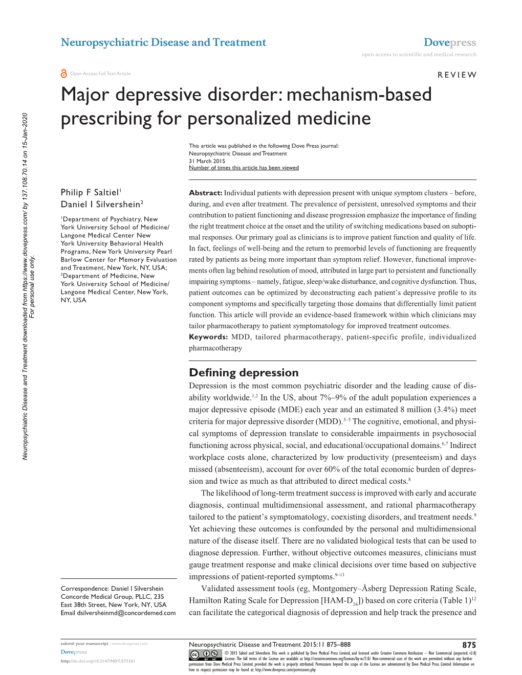 Major Depressive Disorder: Mechanism-Based Prescribing for Personalized Medicine