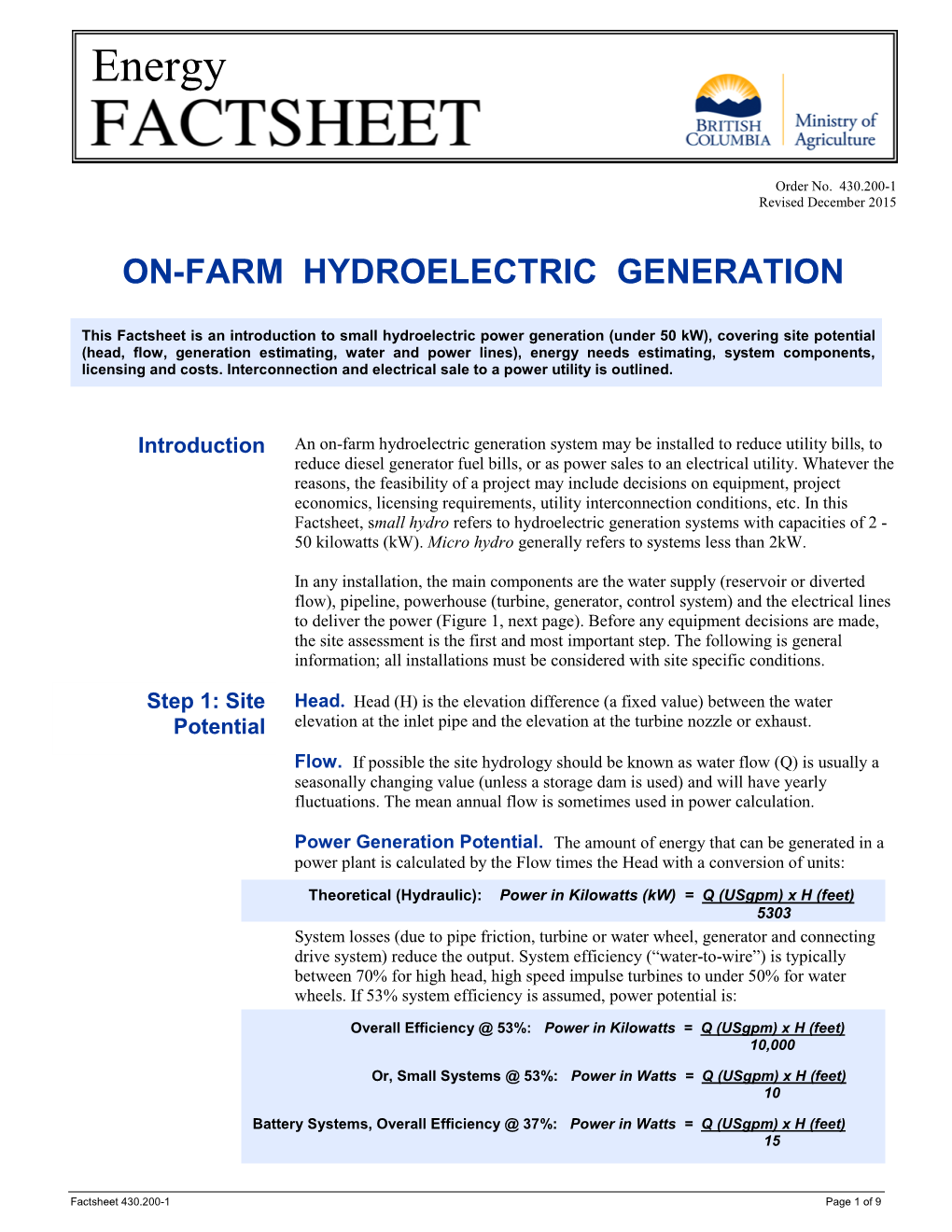 On-Farm Hydroelectric Generation