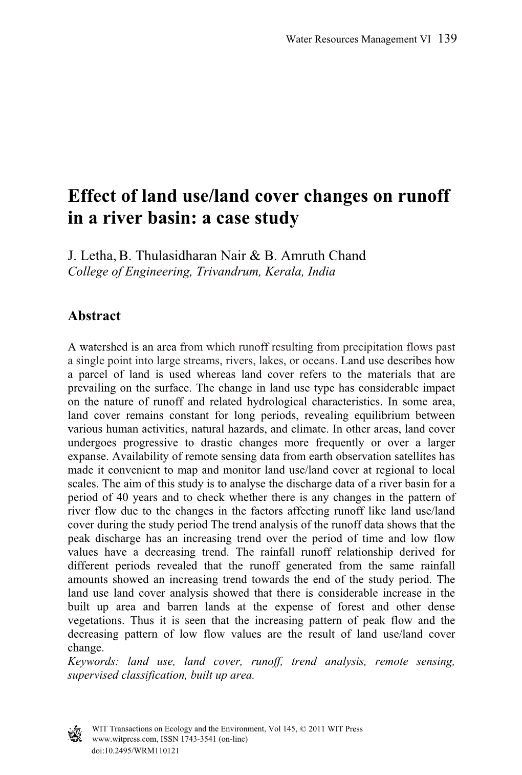 Effect of Land Use/Land Cover Changes on Runoff in a River Basin: a Case Study