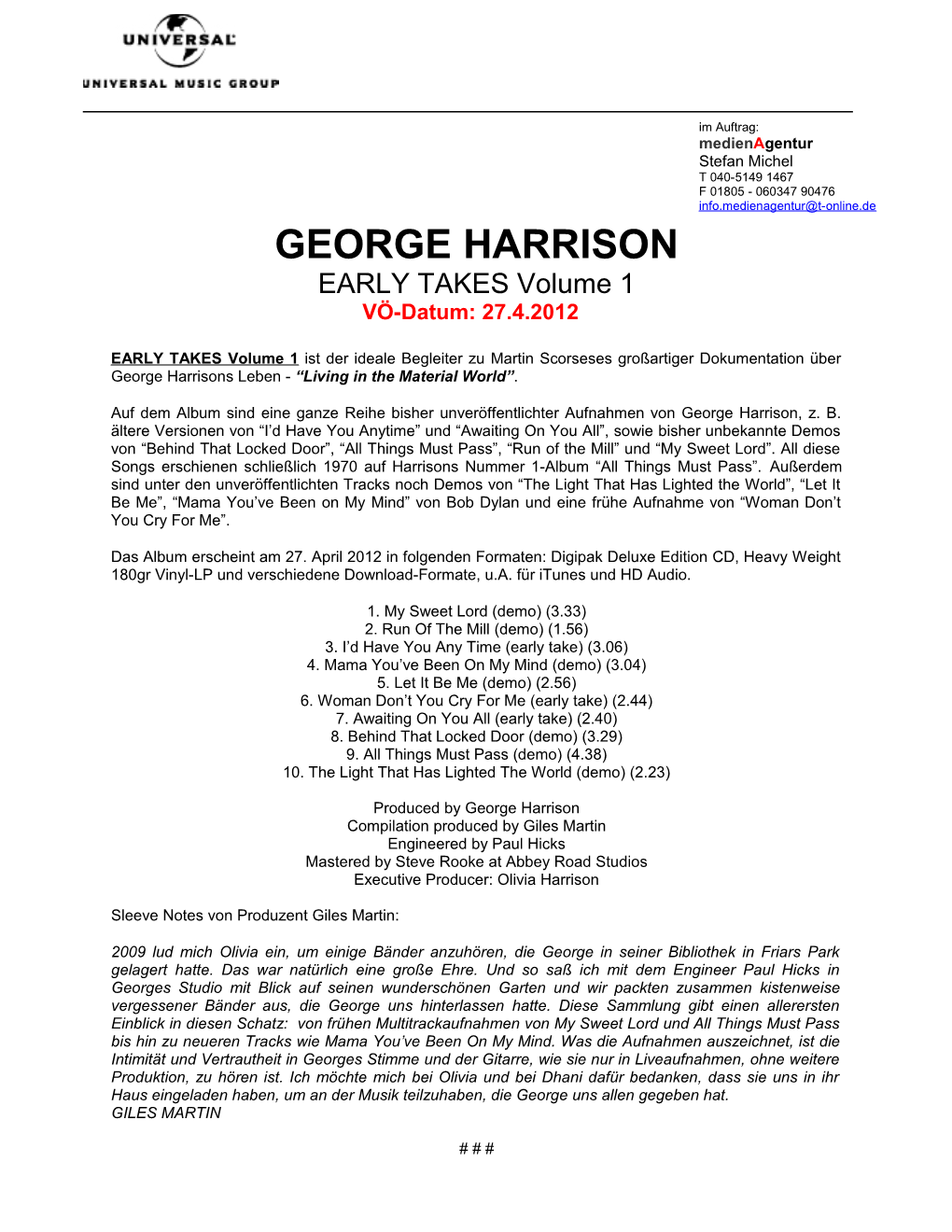 GEORGE HARRISON EARLY TAKES Volume 1 VÖ-Datum: 27.4.2012