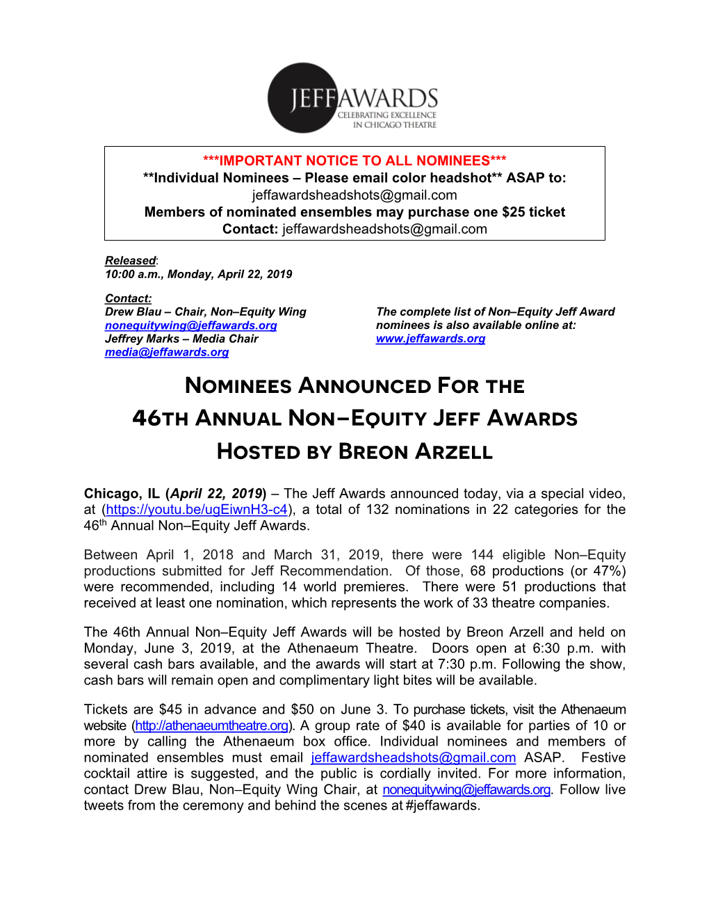 Nominees Announced for the 46Th Annual Non–Equity Jeff Awards Hosted by Breon Arzell