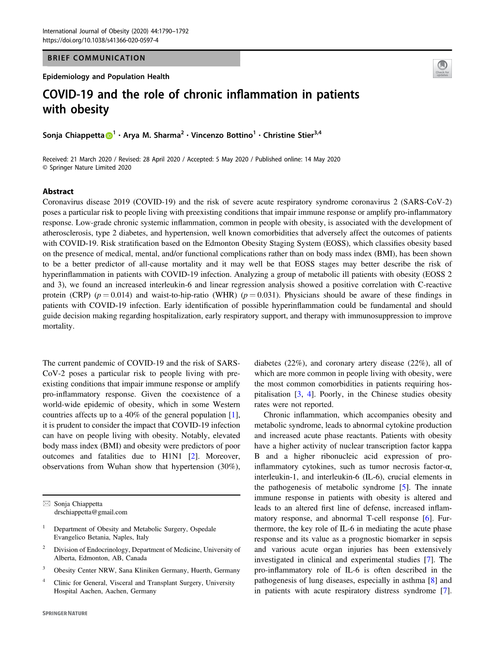 COVID-19 and the Role of Chronic Inflammation in Patients with Obesity