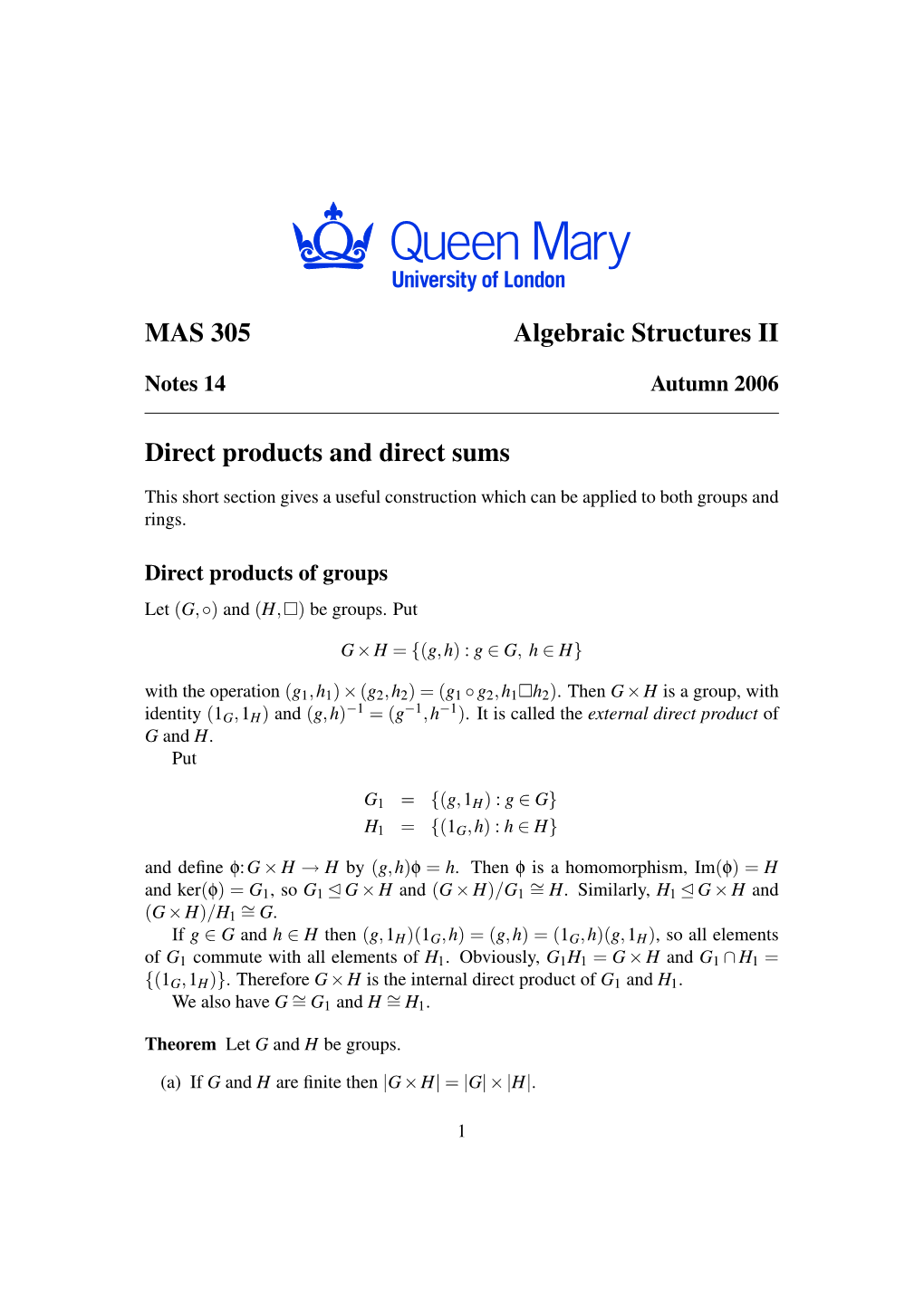 MAS 305 Algebraic Structures II Direct Products and Direct Sums