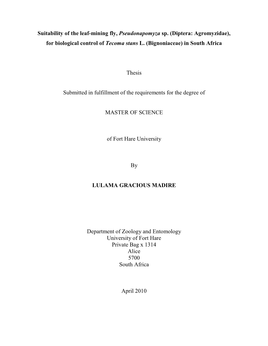 Biological Control of Tecoma Stans L