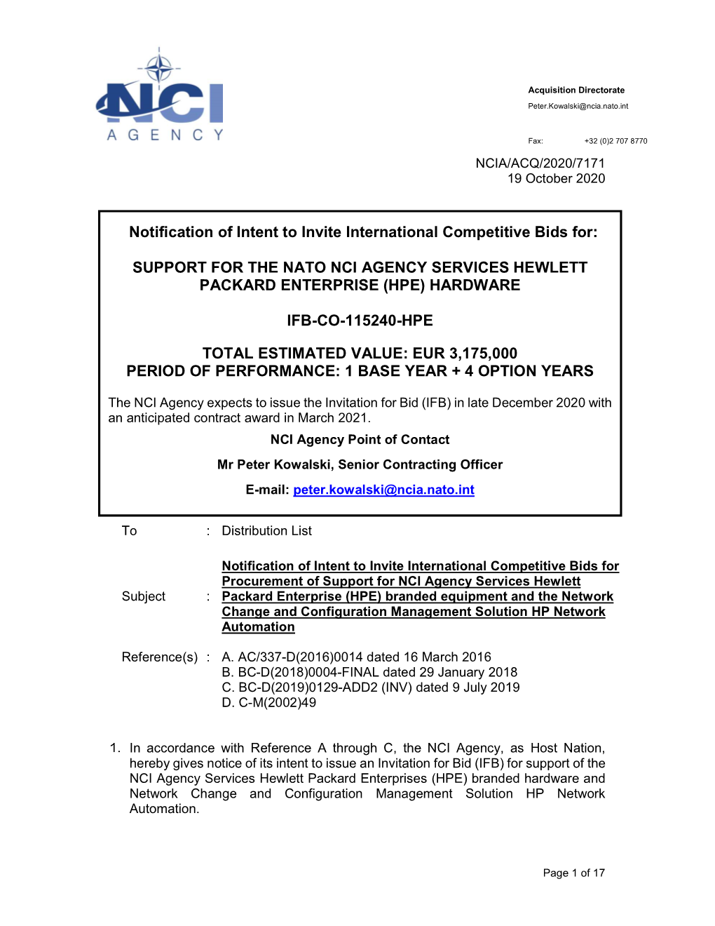 Notification of Intent to Invite International Competitive Bids For