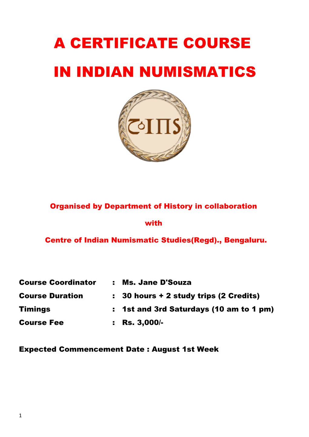 A Certificate Course in Indian Numismatics