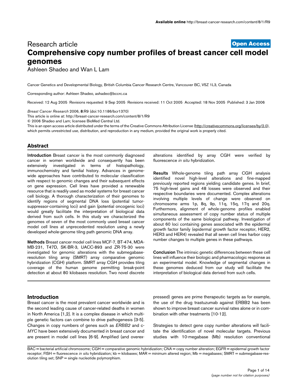 Comprehensive Copy Number Profiles of Breast Cancer Cell Model Genomes Ashleen Shadeo and Wan L Lam