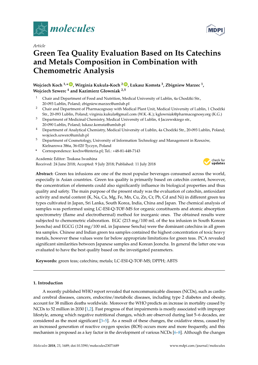 Green Tea Quality Evaluation Based on Its Catechins and Metals Composition in Combination with Chemometric Analysis