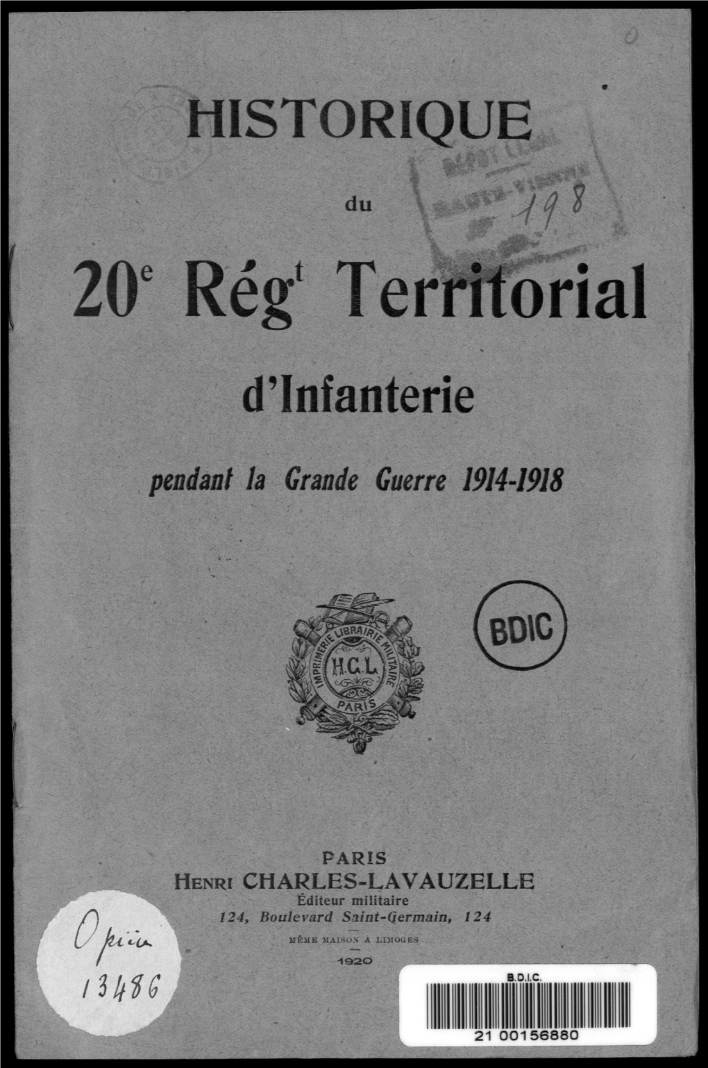 Historique Du 020Ème Régiment Territorial D'infanterie