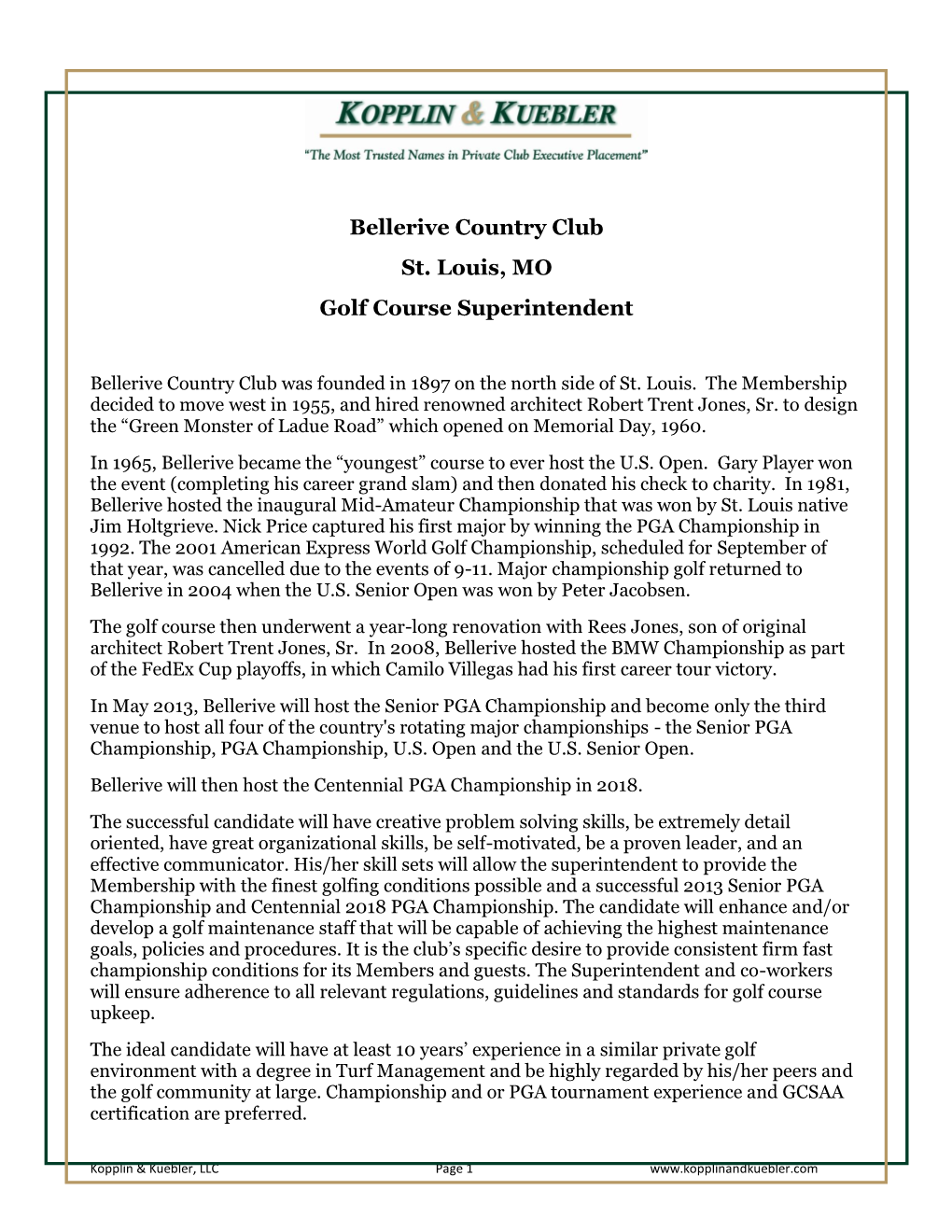 Bellerive Country Club St. Louis, MO Golf Course Superintendent