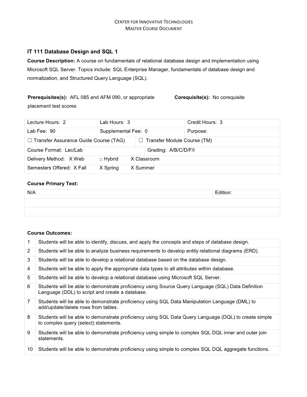 IT 111 Database Design and SQL 1 Course Description: a Course on Fundamentals of Relational Database Design and Implementation Using Microsoft SQL Server