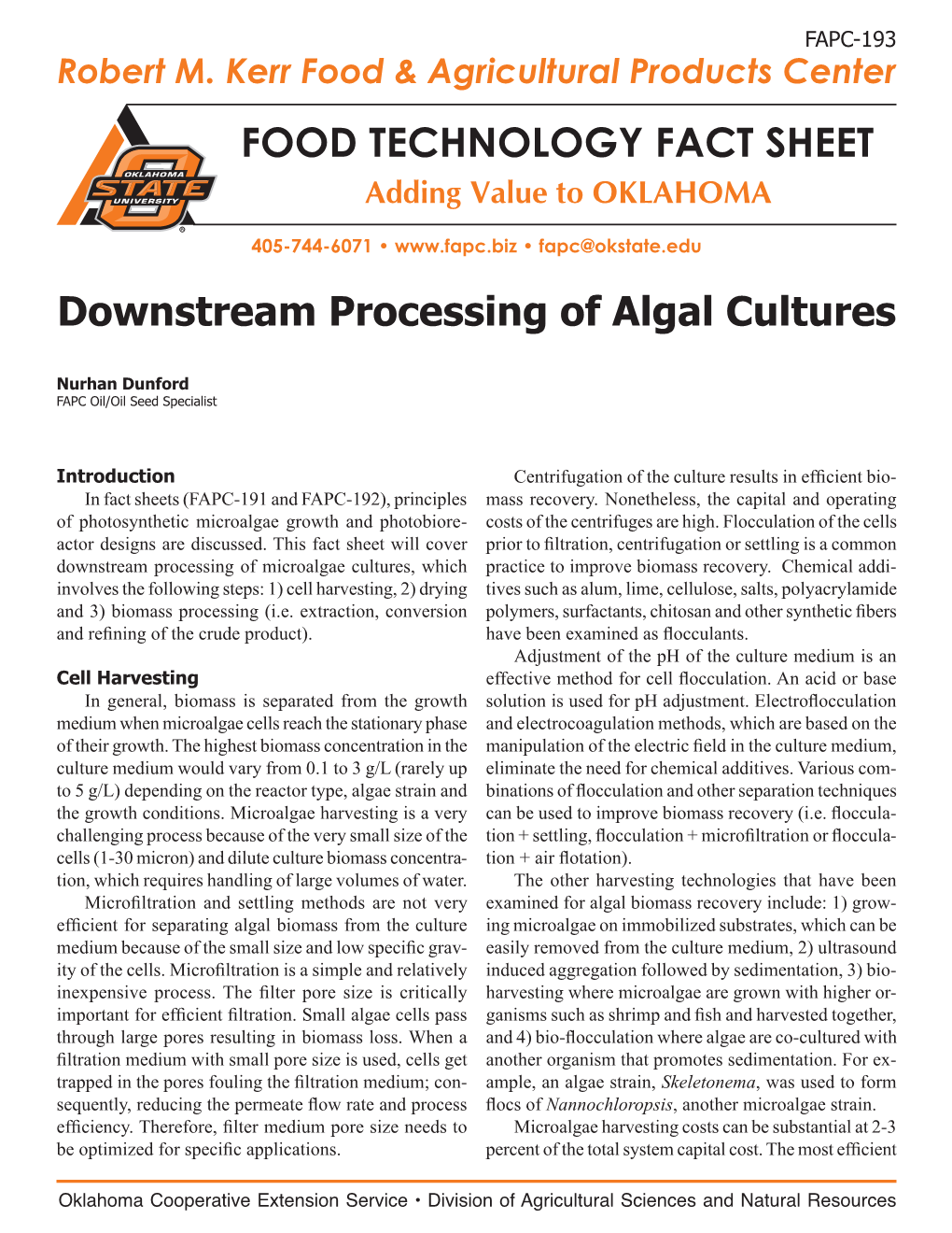 FOOD TECHNOLOGY FACT SHEET Downstream Processing of Algal