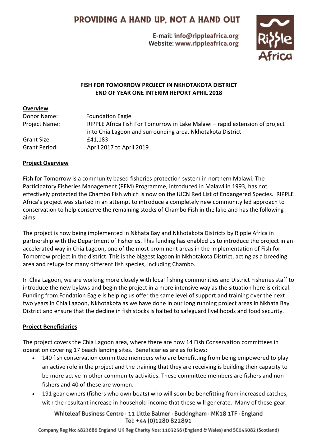 Fish for Tomorrow Project in Nkhotakota District End of Year One Interim Report April 2018