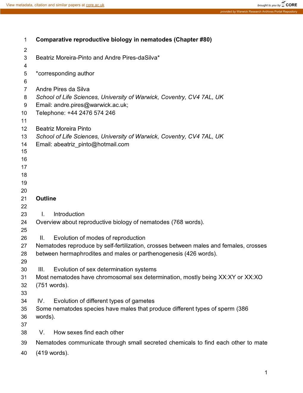 Comparative Reproductive Biology in Nematodes (Chapter #80)