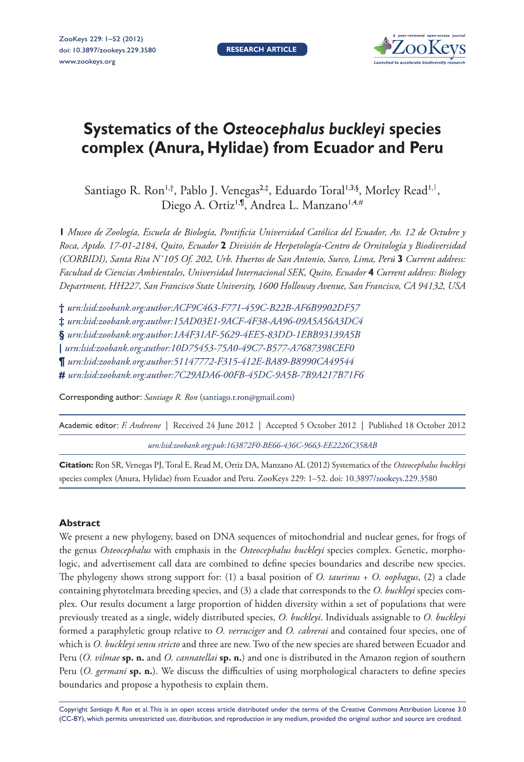 Systematics of the Osteocephalus Buckleyi Species Complex