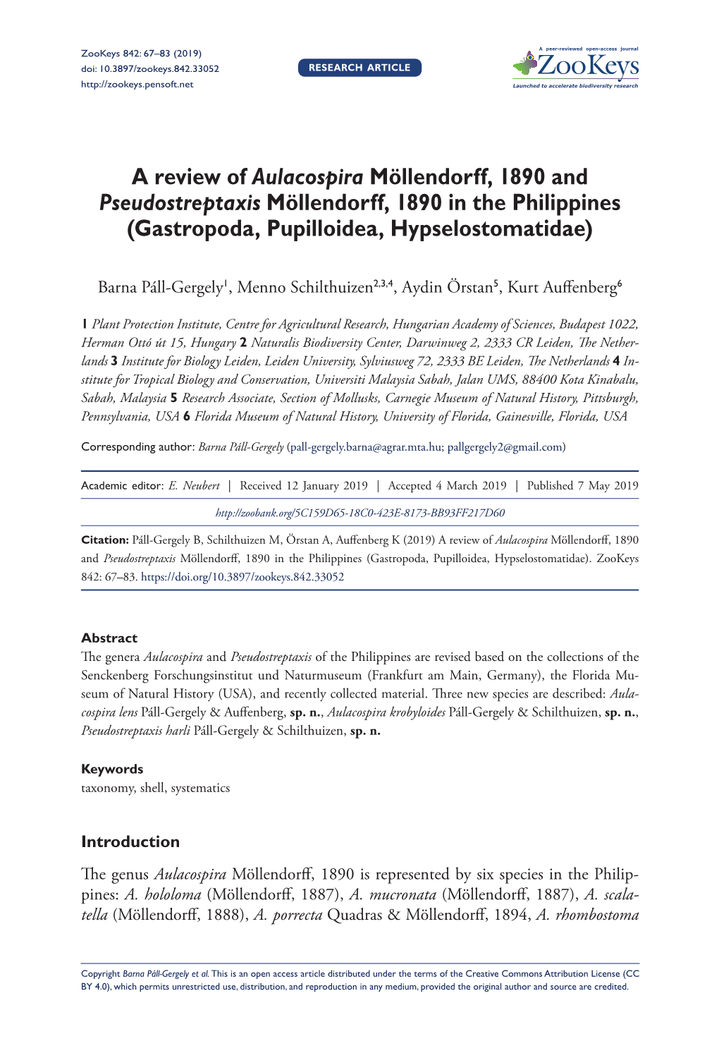 A Review of Aulacospira Möllendorff, 1890 and Pseudostreptaxis Möllendorff, 1890 in the Philippines (Gastropoda, Pupilloidea, Hypselostomatidae)